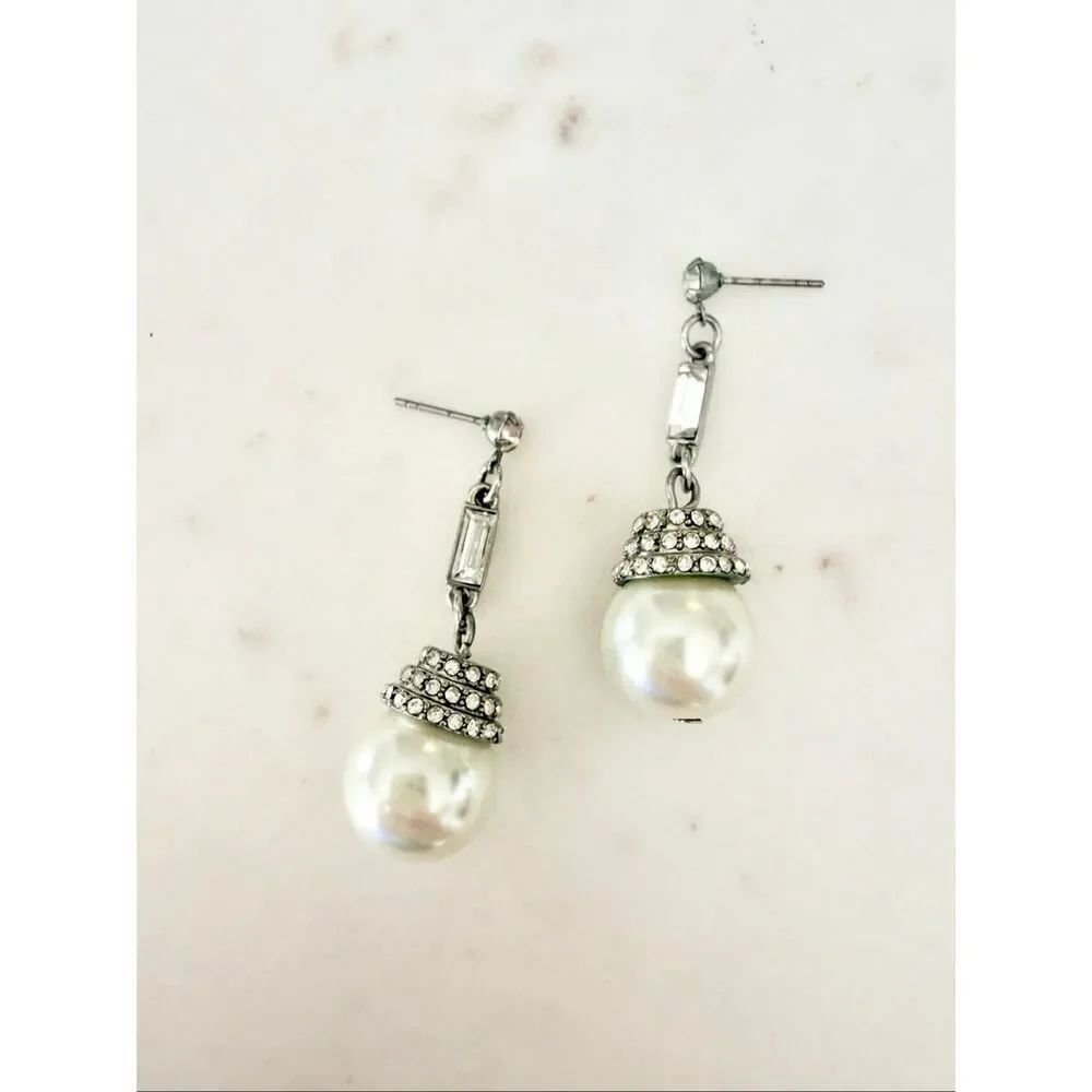 Vintage Style Faux Pearl Drop Earrings Silver Rhinestone Bridal Wedding